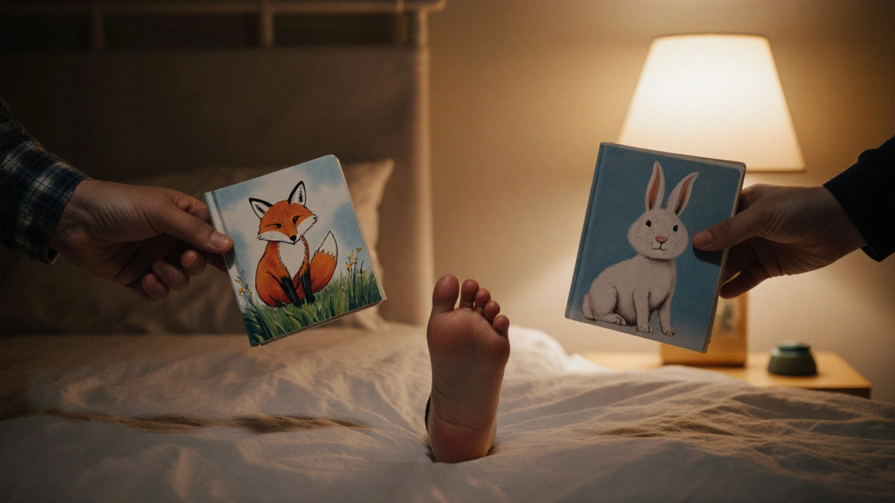 Две руки предлагают выбор между двумя книгами, ребенок стоит в раздумье.