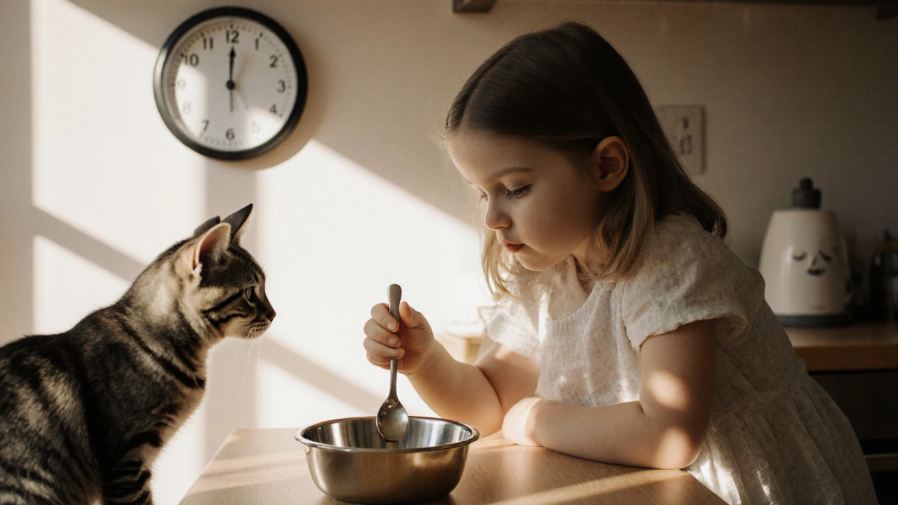 Ребёнок ставит ложку рядом с пустой миской для корма, рядом — кот.