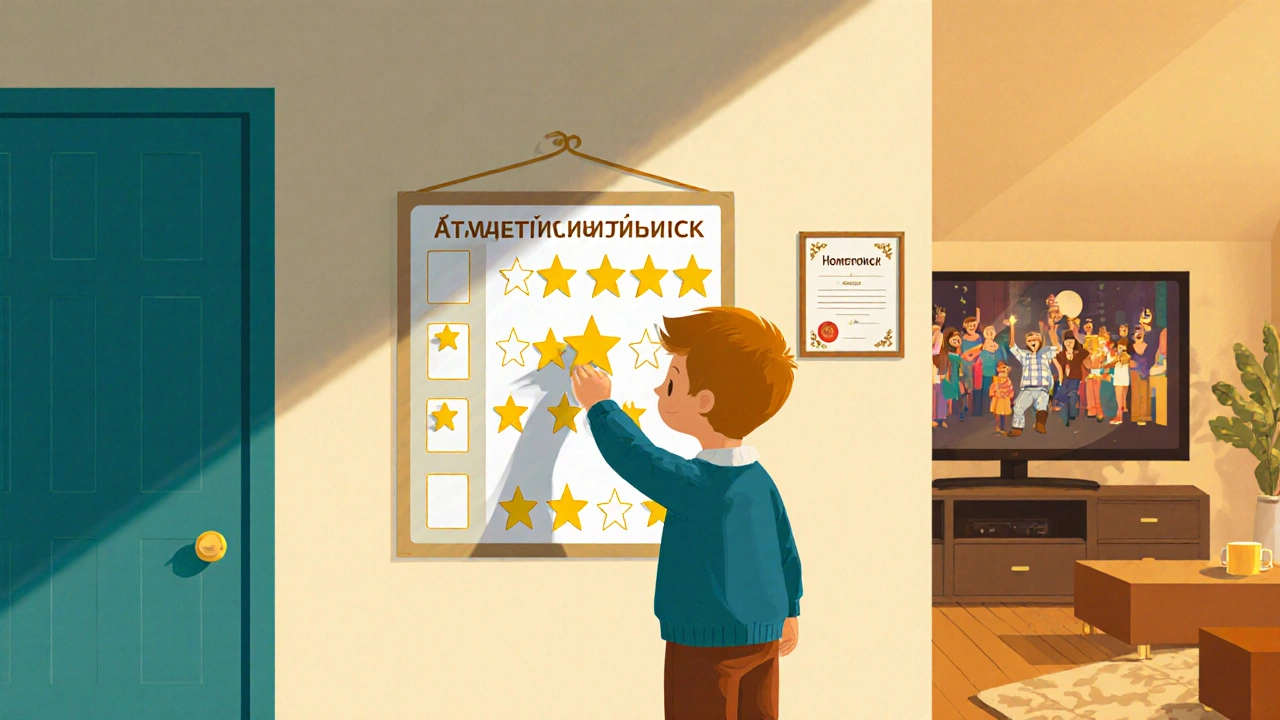 Ребёнок ставит звёздочку на таблицу, готовится к семейному фильму