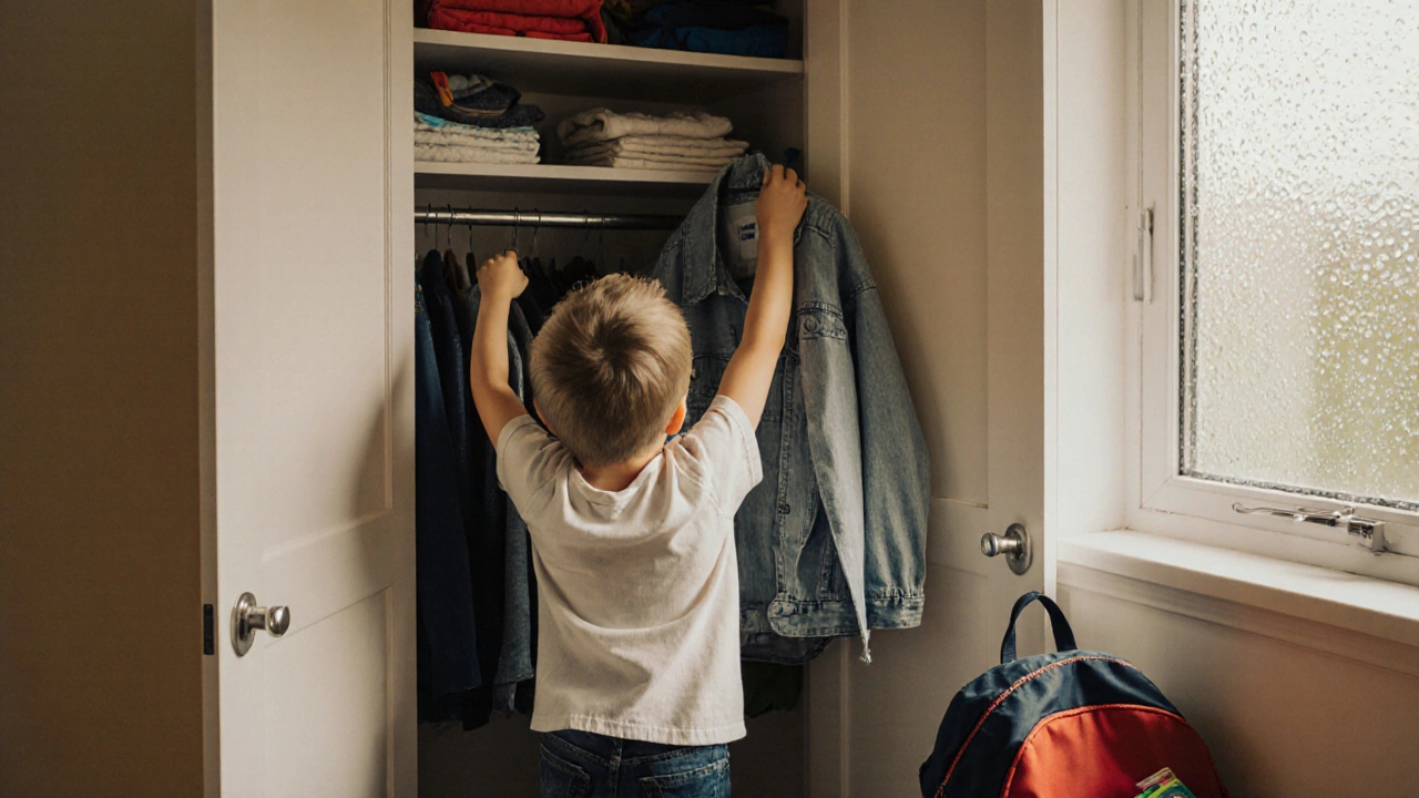 Ребёнок выбирает куртку перед дождём, рядом — упакованный рюкзак.