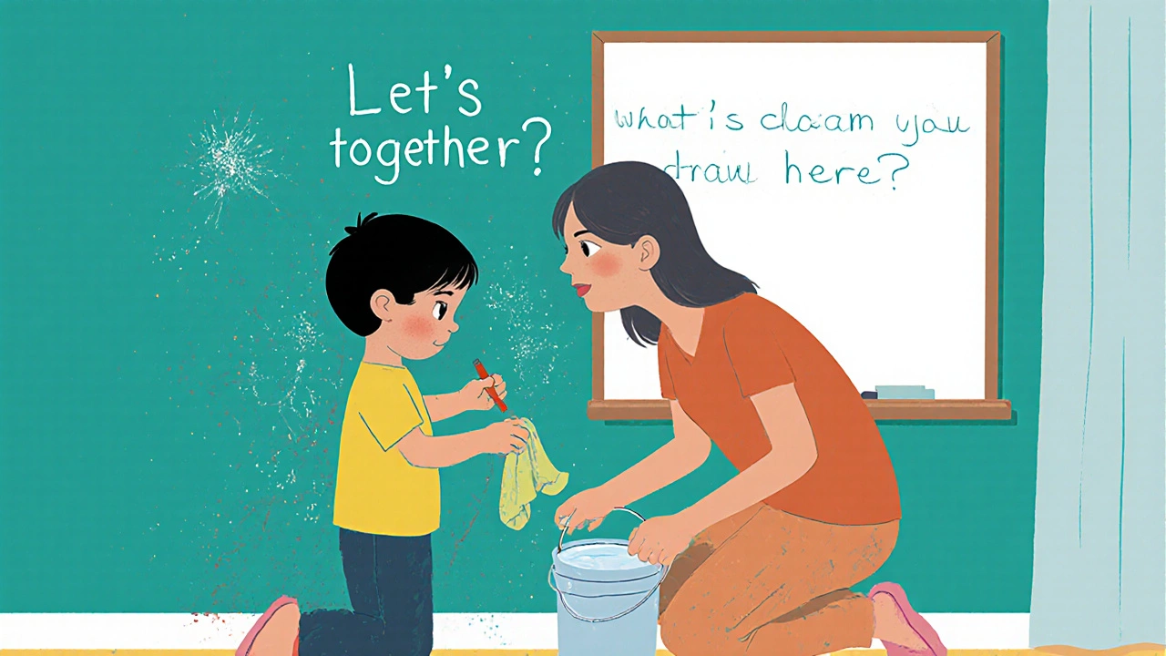 Родитель помогает ребенку убрать рисунок на стене, объясняя и поддерживая.