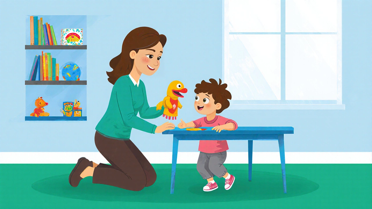 Терапевт с куклой общается с ребёнком за столом в светлой комнате.