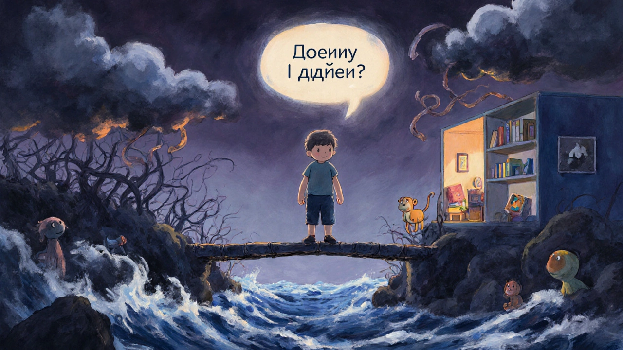 Внутренний мир ребенка — буря эмоций над хрупким мостом в спокойной комнате.