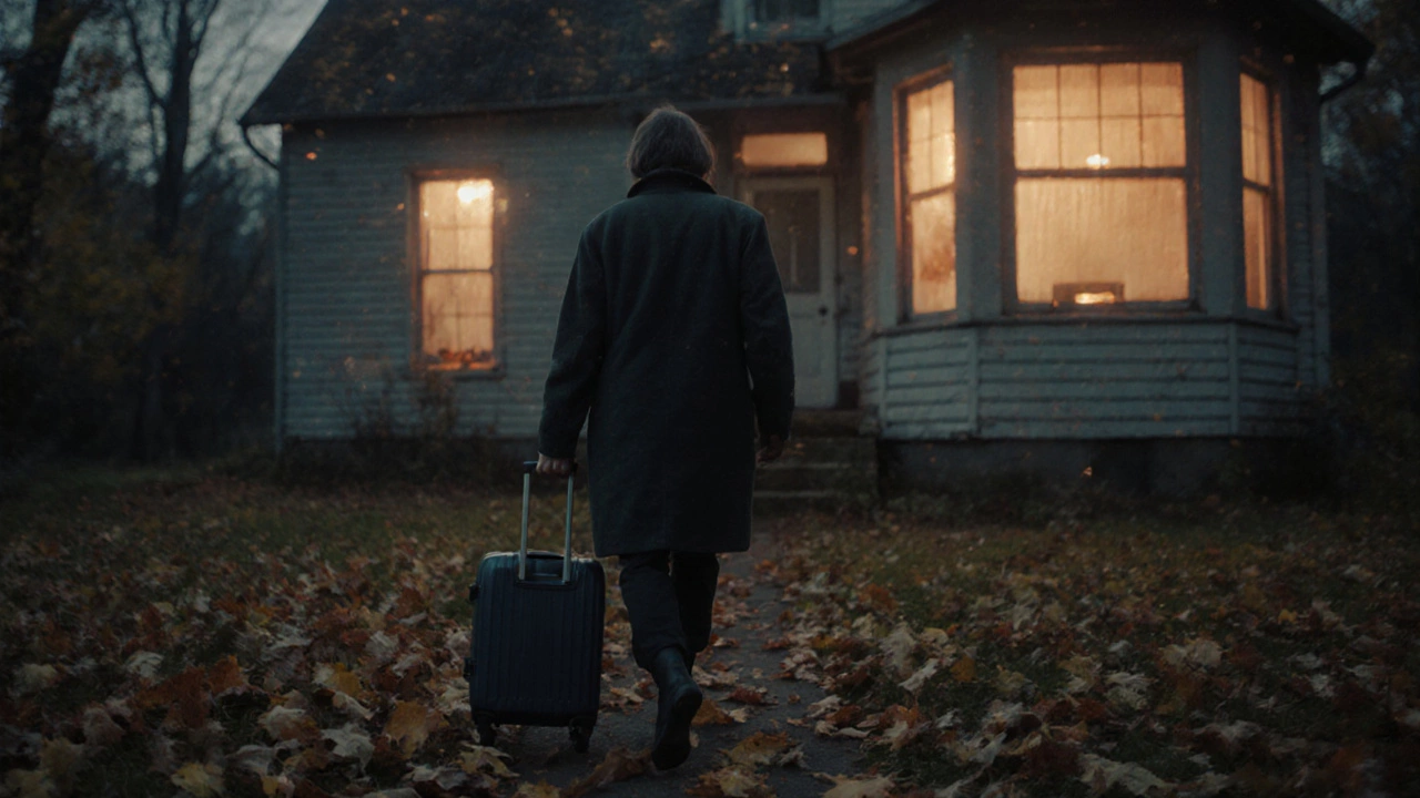 Человек уходит от дома в сумерках, с чемоданом, оглядываясь назад.