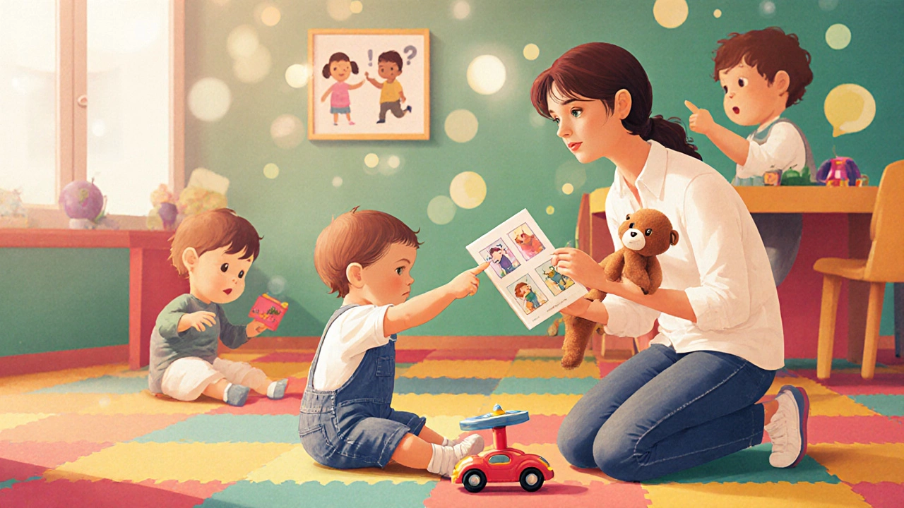 Двухлетний ребенок крутит машинку, избегая контакта, в то время как другие дети играют вместе.