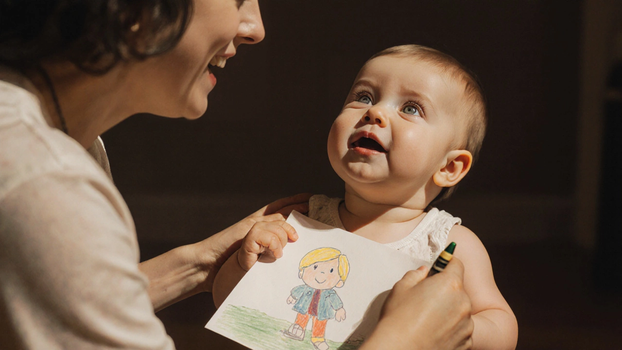 Двухлетний ребенок показывает рисунок, смотрит на взрослого с надеждой и слезами на глазах.