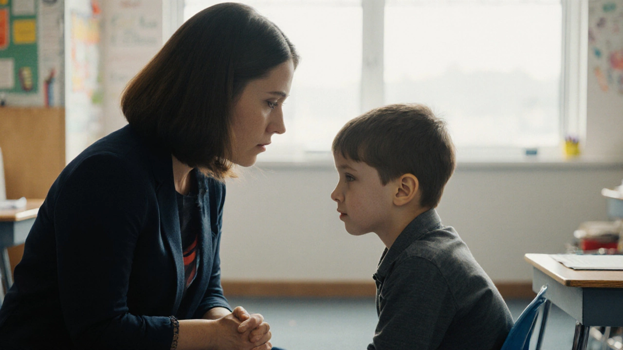 Мальчик говорит учителю, что не хочет писать сочинение, учитель слушает.