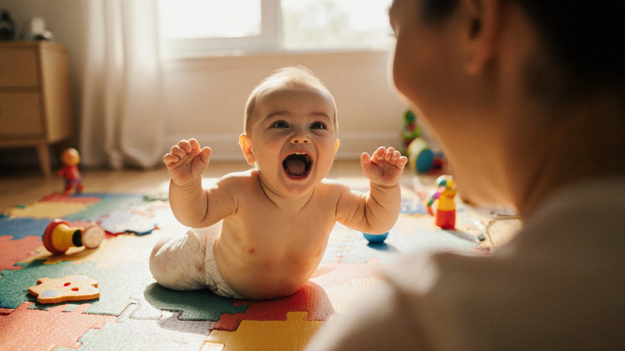 Малыш 4 месяцев смеется, размахивает руками на ярком коврике, родитель улыбается сверху.