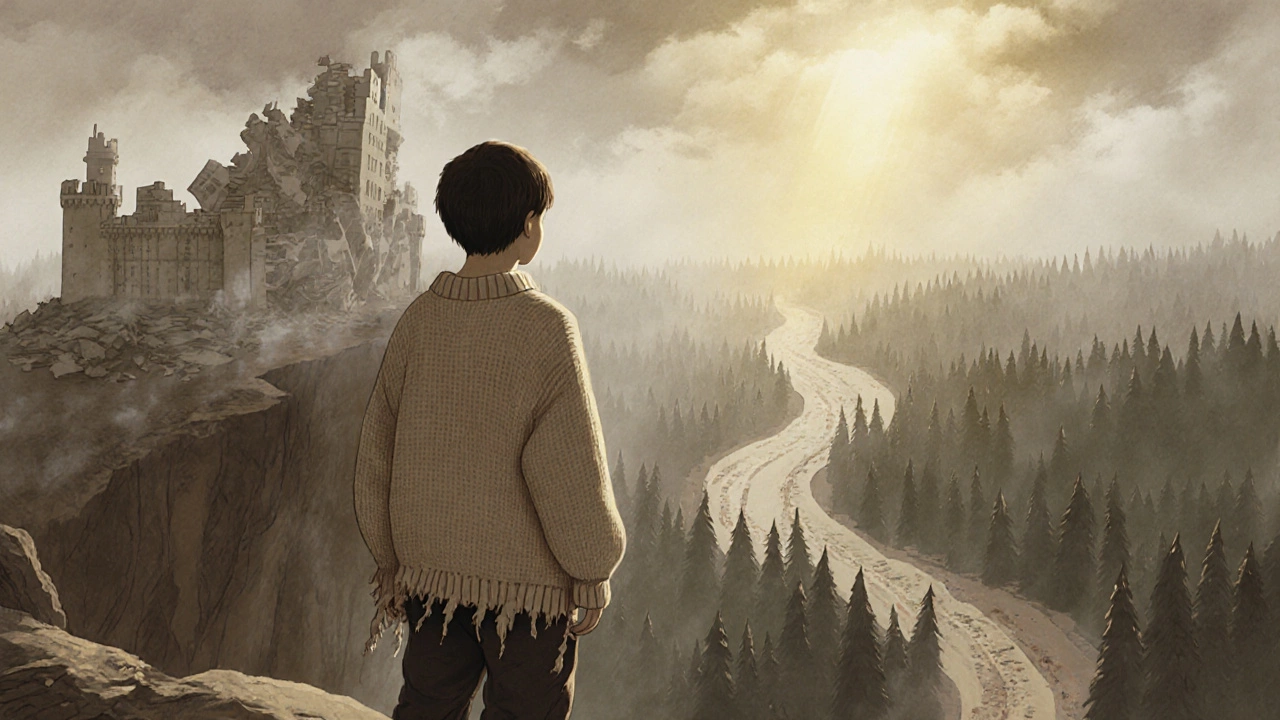 Подросток на краю скалы, детский свитер рвётся, позади — руины старых правил, впереди — лес с множеством путей.