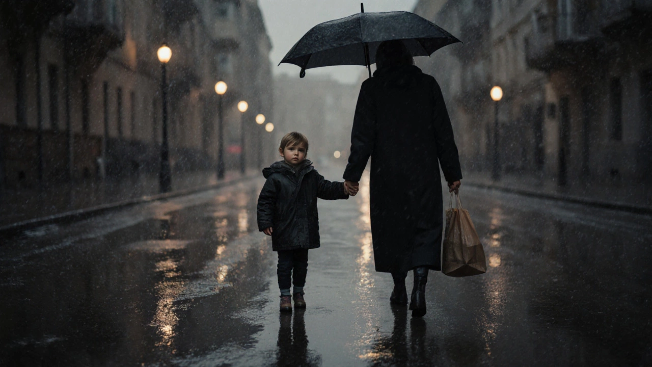 Ребёнок держит руку взрослого под зонтом в дождь, улица в сумерках.