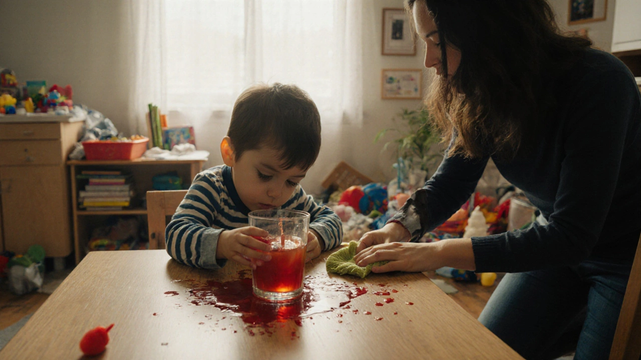 Ребёнок и родитель вместе убирают пролитый сок, без криков и наказаний.