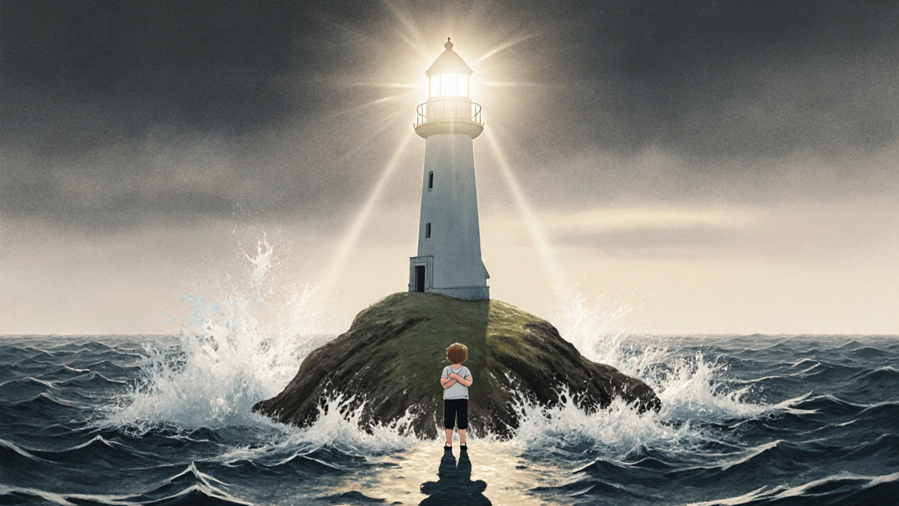 Ребёнок на острове в бурном море, над ним светит маяк в форме силуэта родителя.