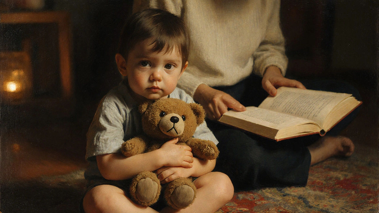 Ребёнок обнимает плюшевого мишку, родитель читает рядом, тёплый свет, атмосфера уюта.