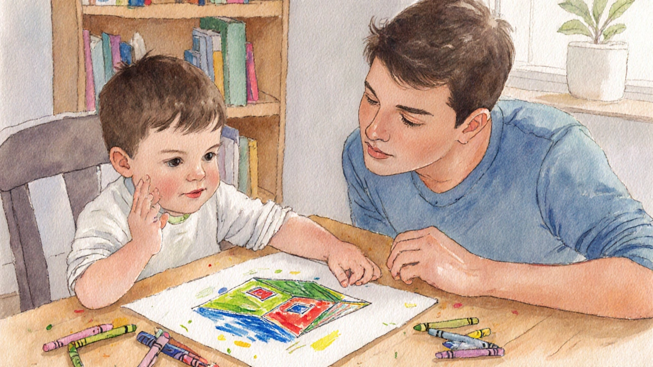 Ребёнок показывает родителю рисунок с домом вверх ногами, родитель с интересом слушает.