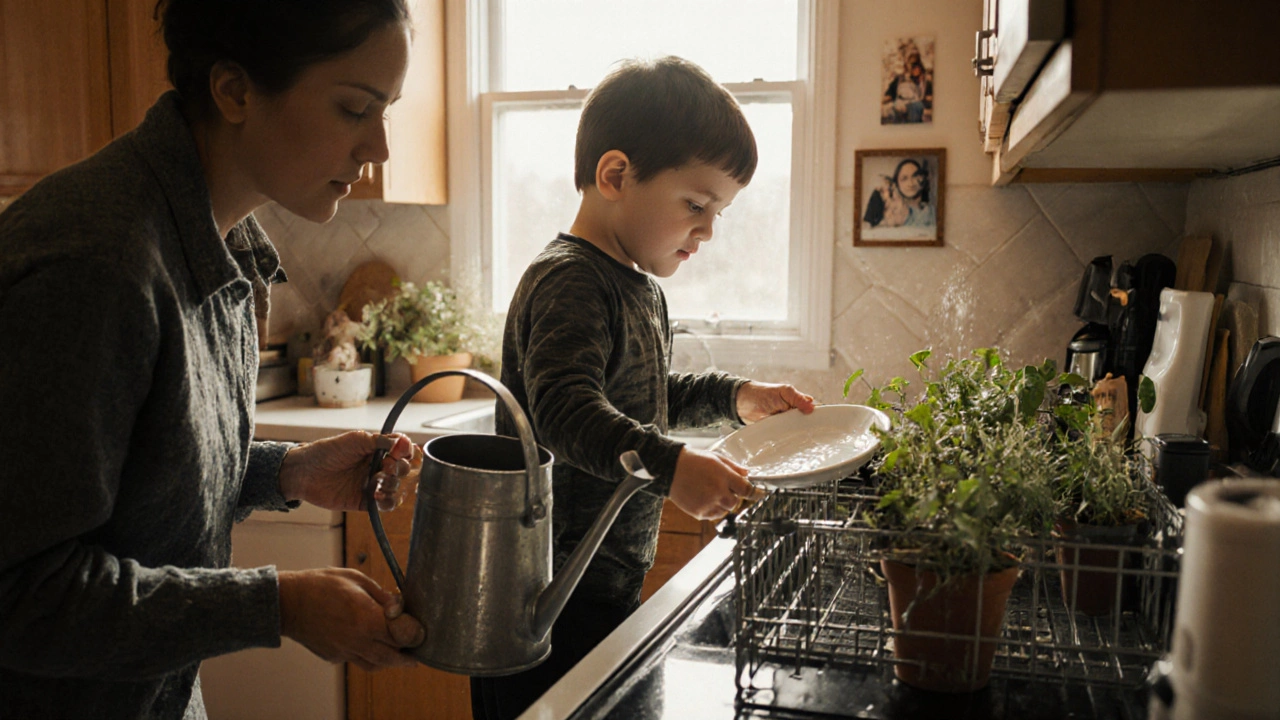 Ребёнок сам моет тарелку и поливает растения в кухне.