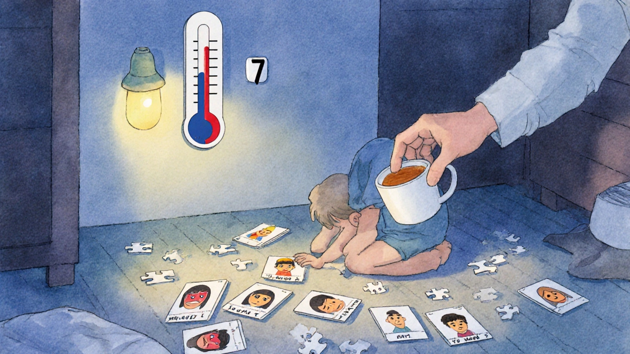 Ребёнок сидит на полу среди карточек с эмоциями, рядом чашка чая.