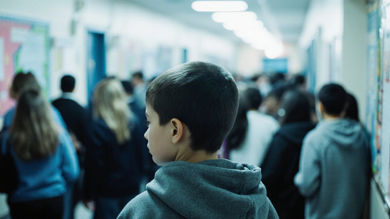Ребёнок стоит в оживлённом коридоре школы, остальные дети размыты, он один и одинок в худи.