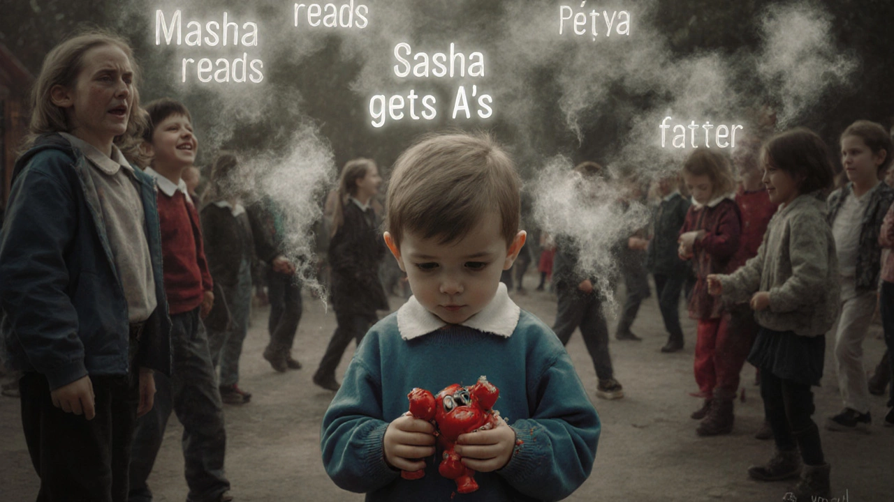 Ребенок стоит в парке, окруженный привидениями сравнений с другими детьми.