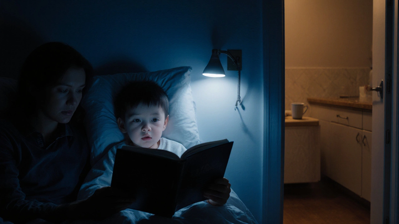Ребёнок в кровати, родитель читает ему на ночь, мягкий свет ночника.