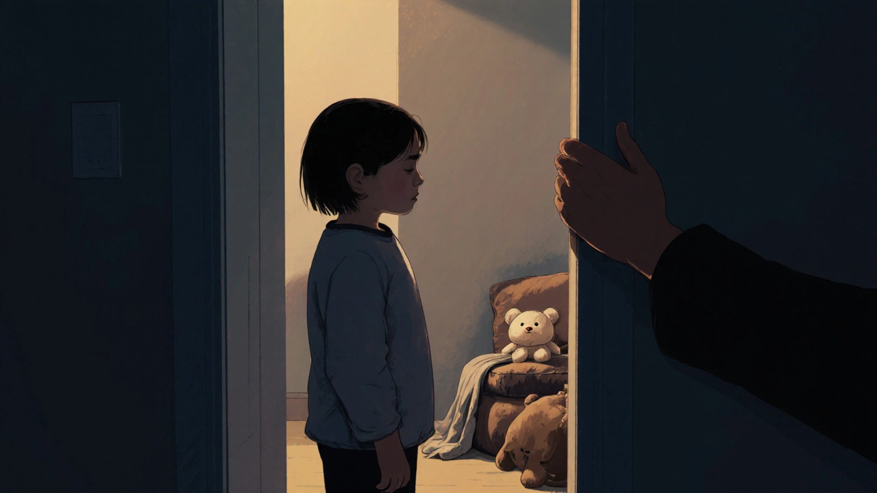 Ребёнок в углу спокойствия с игрушкой, родитель стоит у двери, предлагая поддержку.