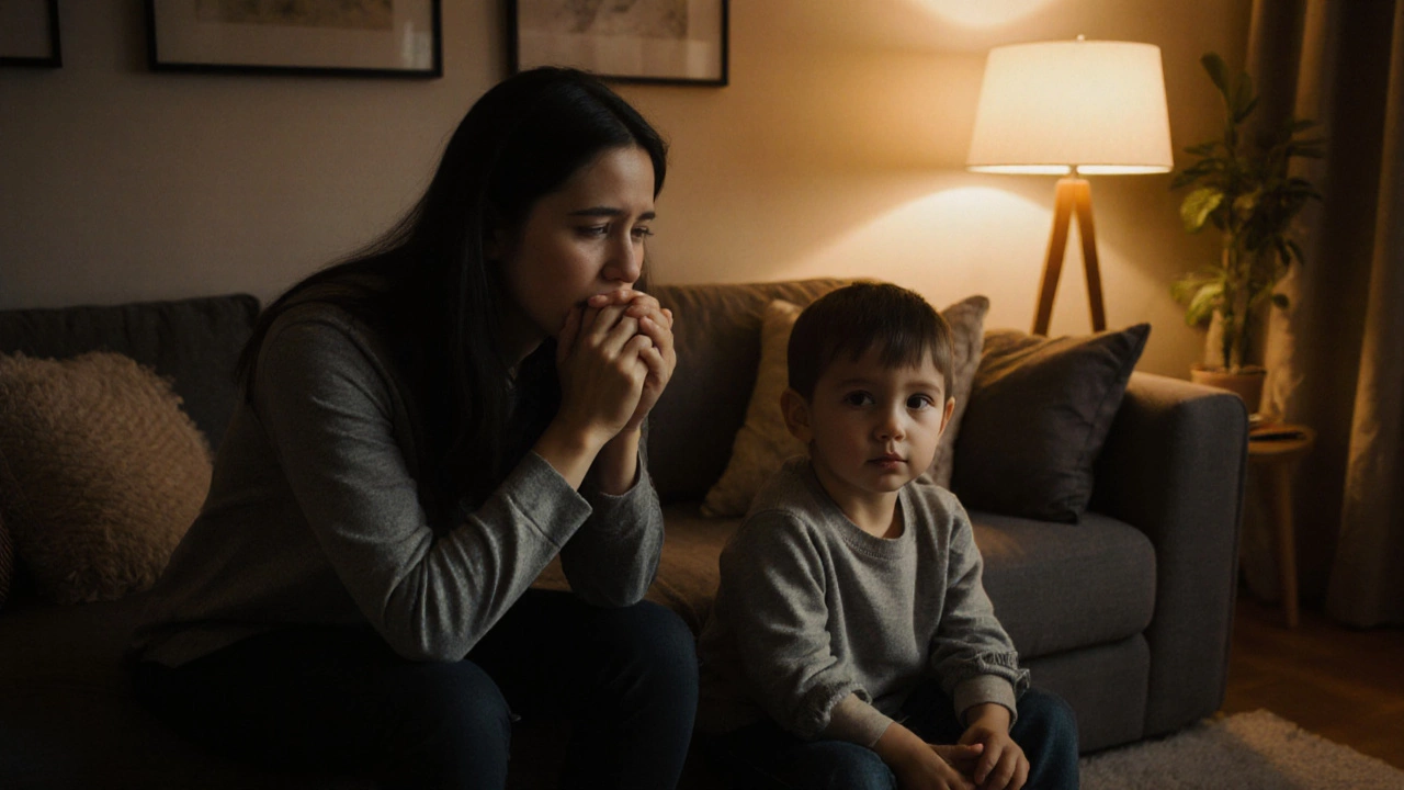 Родитель делает паузу, чтобы успокоиться, ребенок смотрит с пониманием.