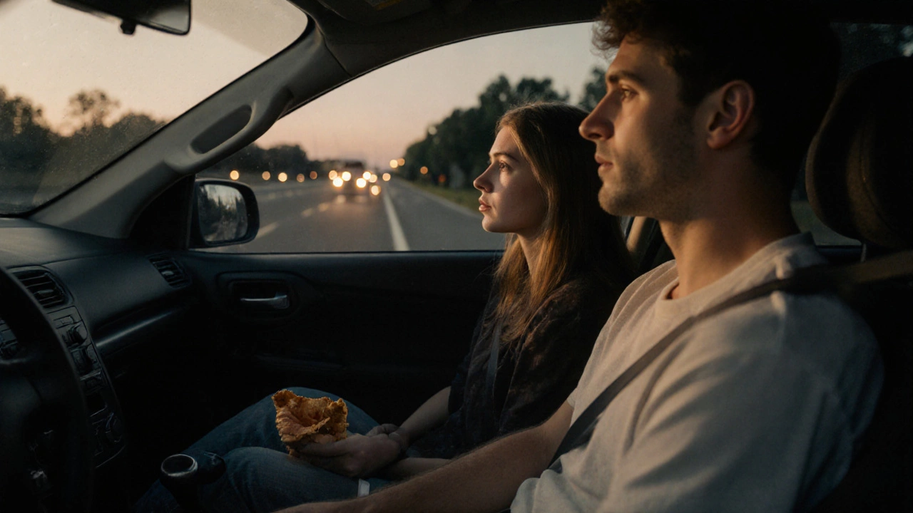 Родитель и подросток в машине на закате, молчание, свет улицы играет на их лицах, дорога уходит вдаль.