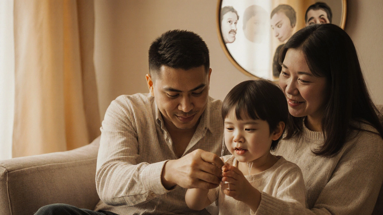 Родитель и ребенок сидят вместе, когда ребенок плачет, а в зеркале — отражение прошлых ошибок.