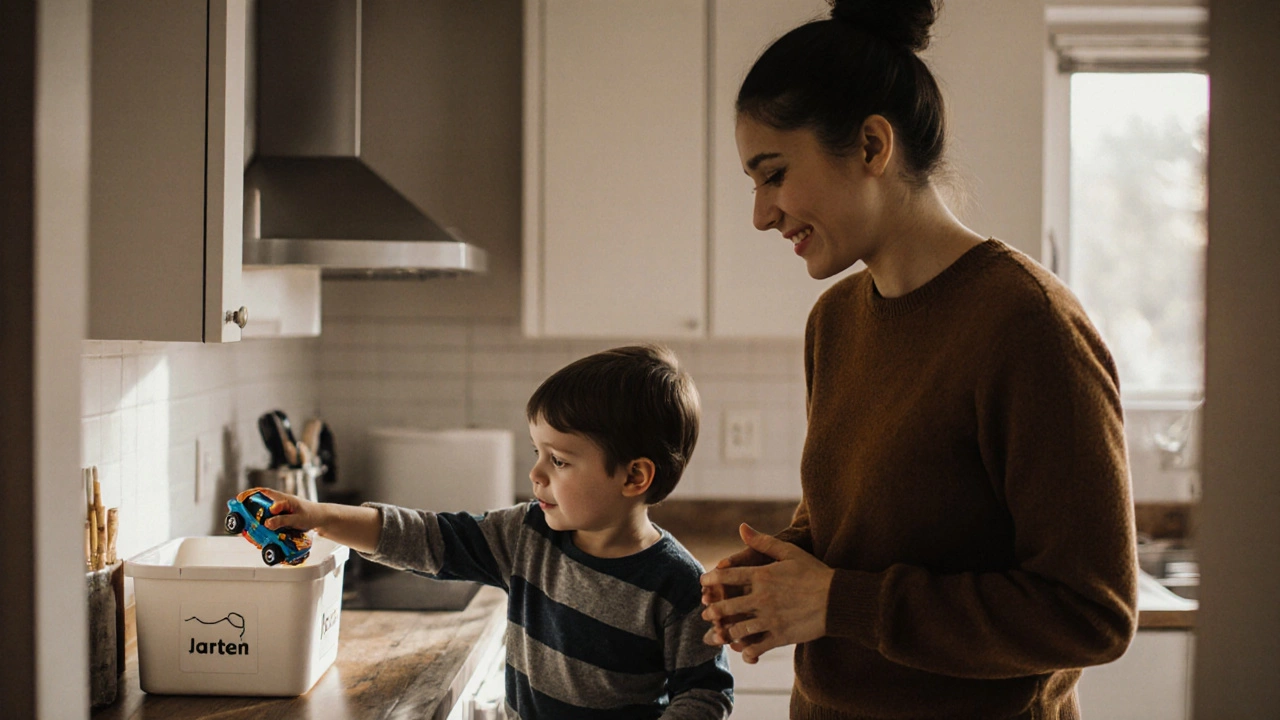 Родитель и ребёнок вместе убирают игрушки в коробку в кухне.