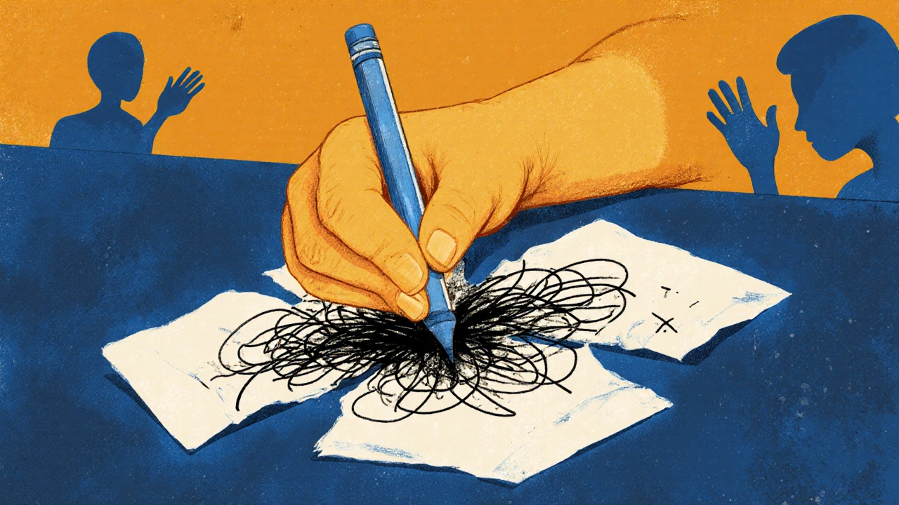 Рука ребёнка держит карандаш над порванной бумагой, из разрывов вырываются тёмные каракули.