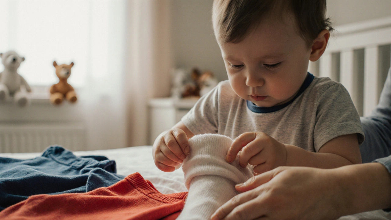 Руки ребёнка пытаются надеть носок, рядом лежат две рубашки — красная и синяя.