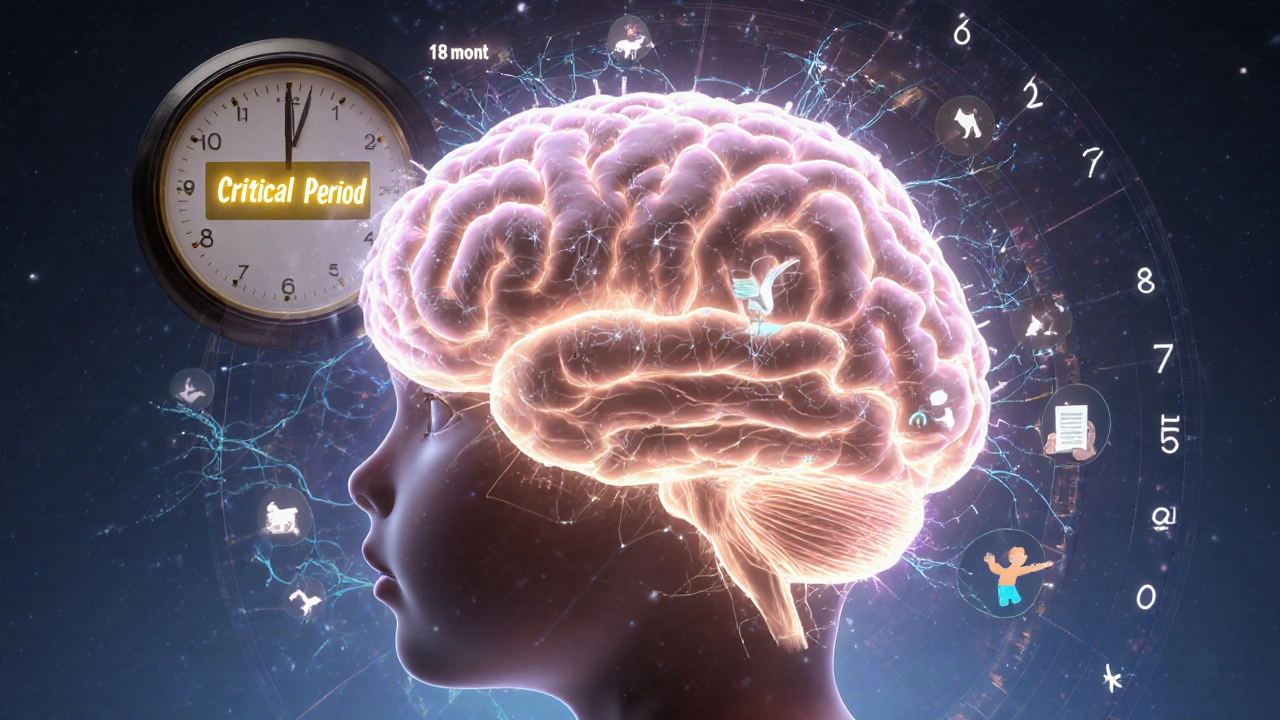 Схема мозга ребенка с развивающимися нейронными связями между 6 месяцами и 3 годами.