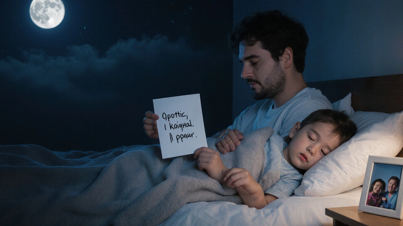 Взрослый держит записку с извинением, ребёнок спит рядом, лунный свет освещает тихую ночь.