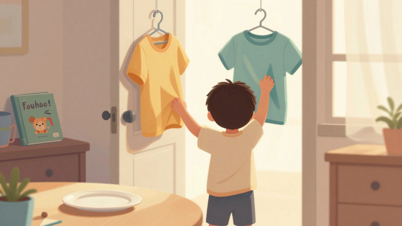 Четырёхлетний ребёнок выбирает футболку перед сном.