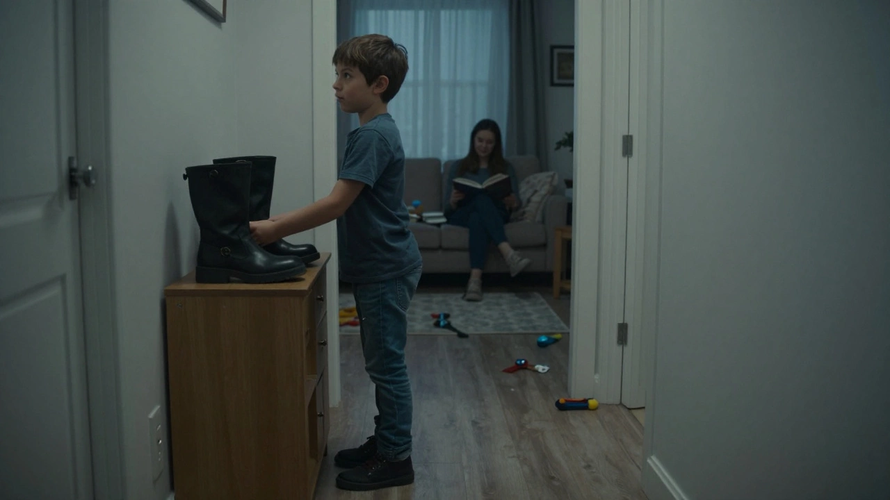 Мальчик кладёт ботинки в шкаф, а мама смотрит на него молча, не хваля.