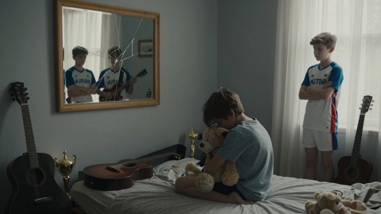 Мальчик на кровати с плюшевым мишкой, в зеркале — его отражения в ролях, которые на него навязывают.