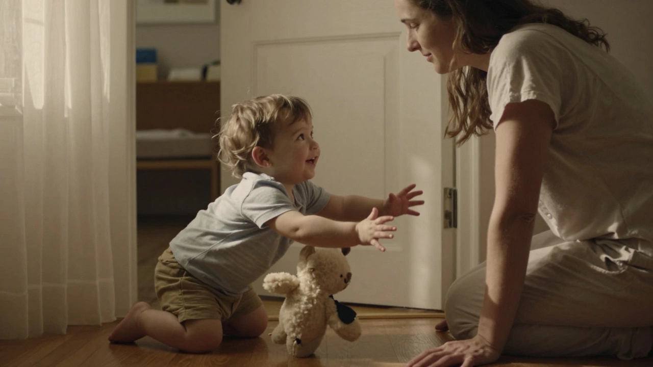 Малыш ползет к маме с улыбкой, протягивая руки, когда она наклоняется, чтобы обнять его.