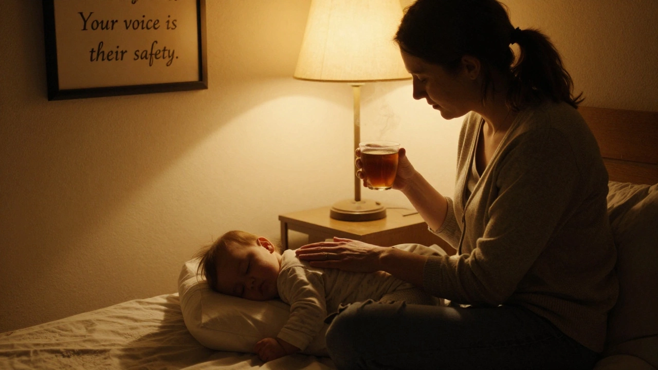 Мать нежно гладит спящего ребенка в тёплом свете лампы, атмосфера спокойствия.