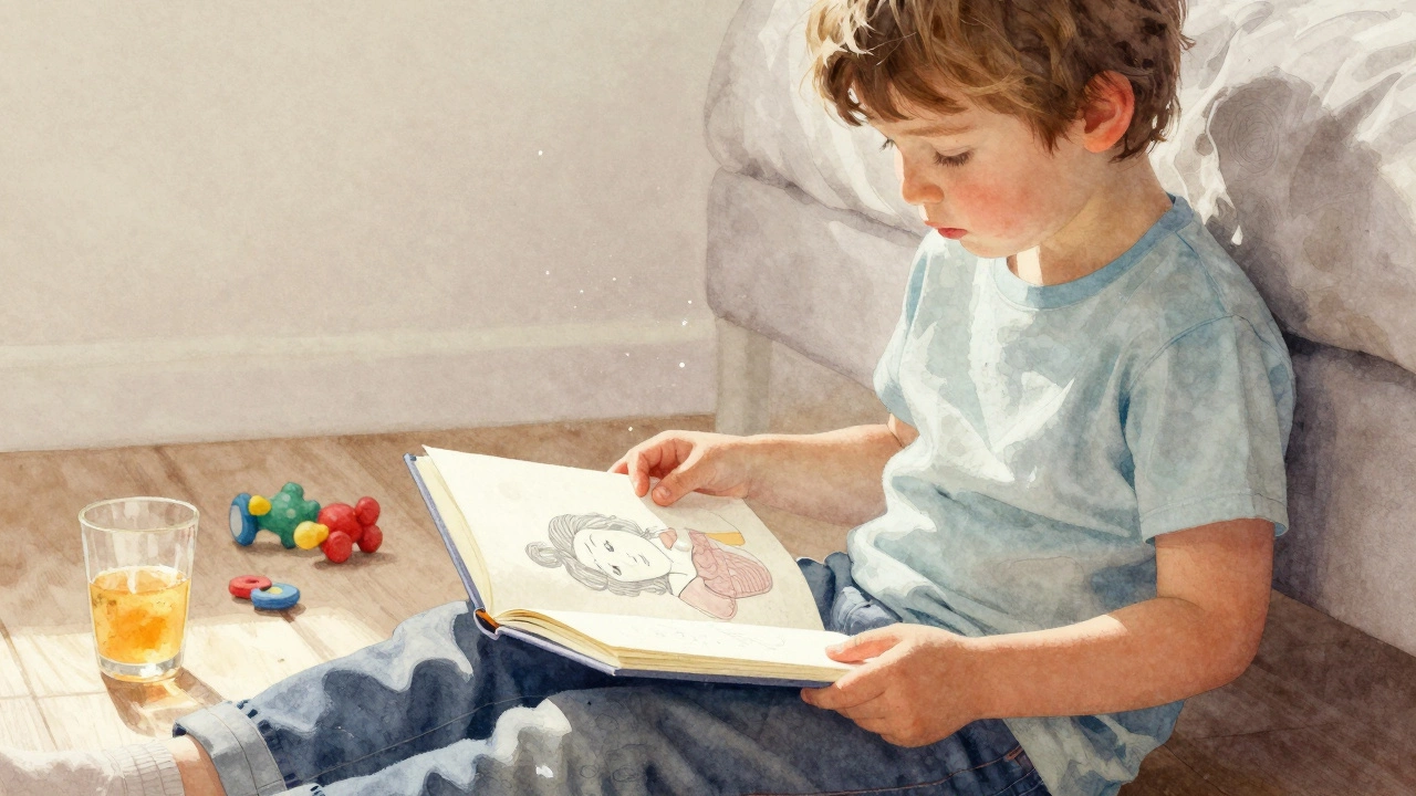 Пятилетний мальчик кладет рисунок маме на колени, тихо касаясь ее руки.