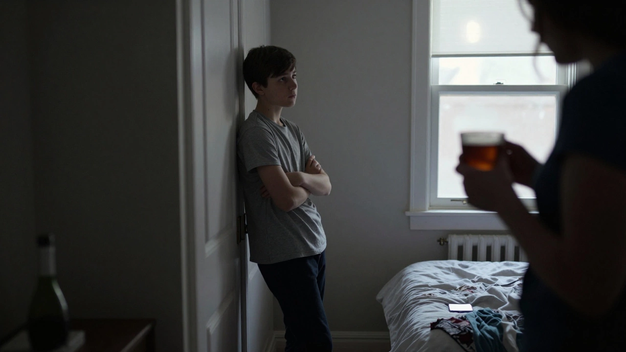 Подросток стоит спиной к родителю в темной комнате, луна освещает окно, телефон светится на кровати.