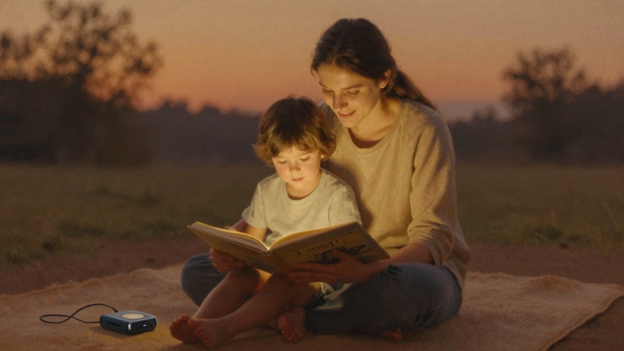 Ребёнок и родитель читают книгу вечером, ребёнок тихо повторяет слова.