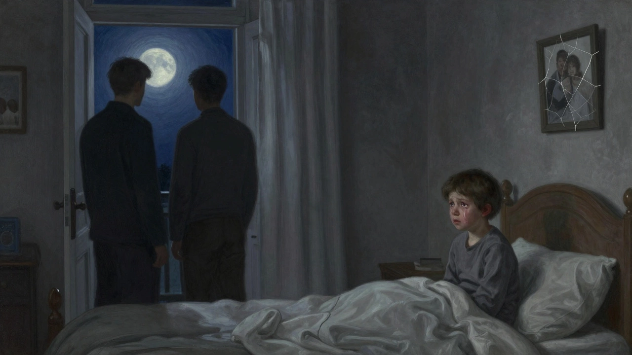 Ребенок плачет в комнате, родители стоят в тишине за дверью, напряжение в доме.