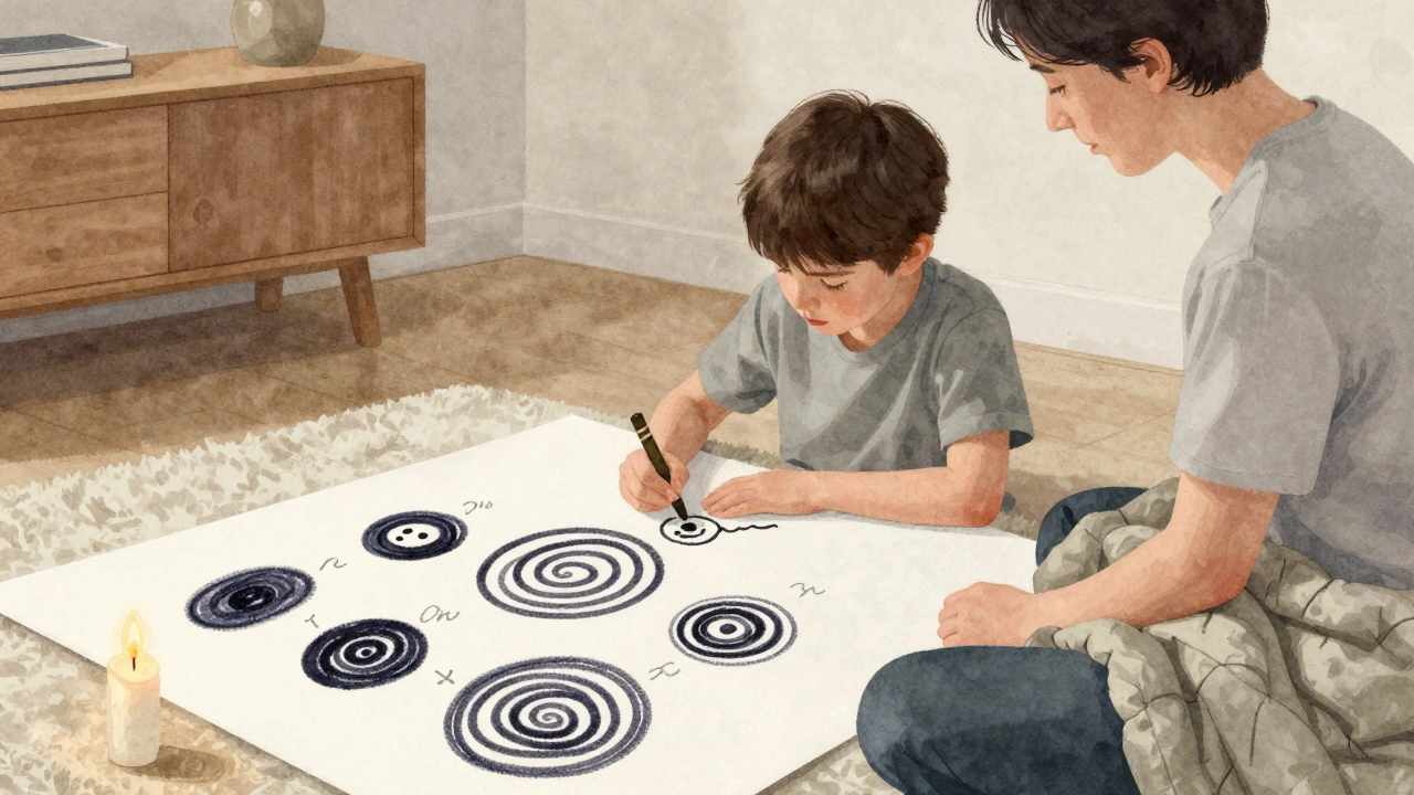 Ребенок рисует эмоции, а родитель спокойно наблюдает рядом с зажженной свечой.