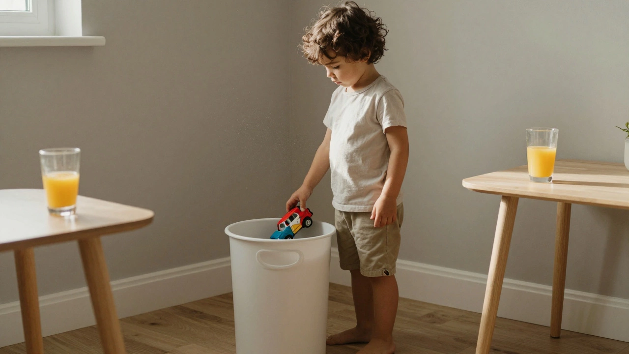 Ребёнок сам убирает машинку в коробку, рядом стоит стакан сока.
