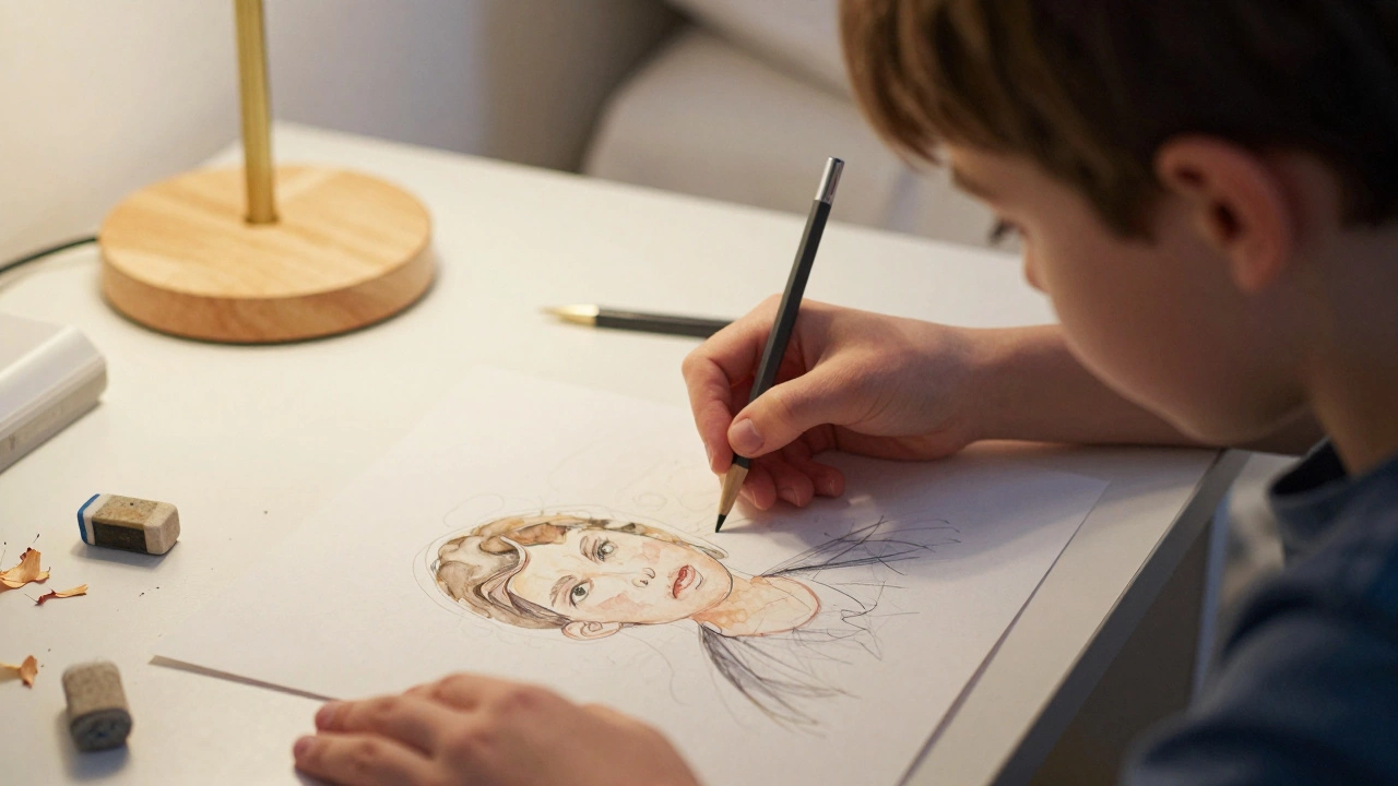 Ребёнок смотрит на стёртый рисунок, рядом лежат крошки ластика.