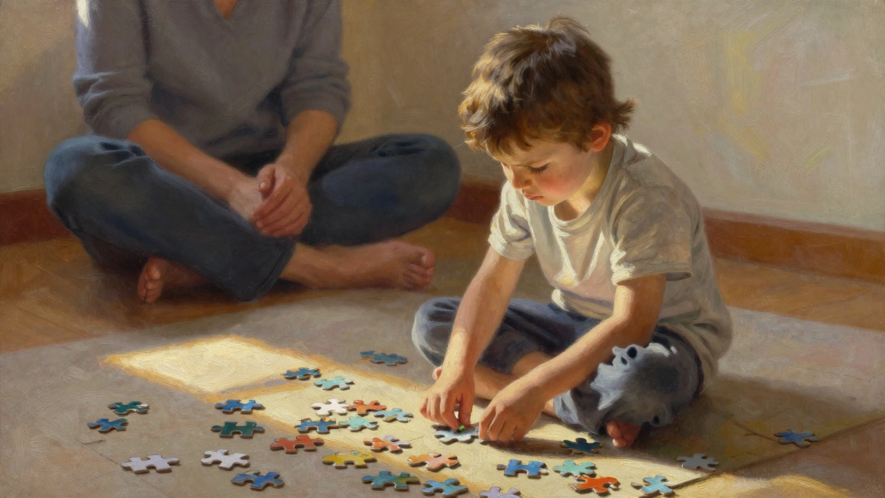 Ребёнок сосредоточенно собирает пазл, родитель наблюдает молча, без похвалы.