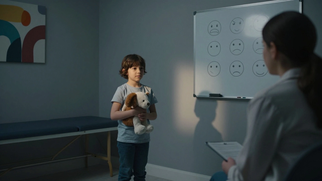 Ребёнок в кабинете психолога держит игрушку, рядом — терапевт.
