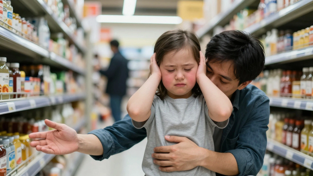 Ребёнок в магазине прикрывает уши, родитель обнимает его в толпе.