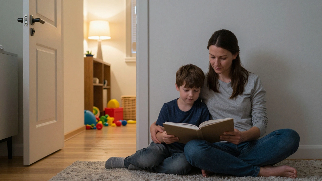 Родитель и ребёнок читают книгу вместе после того, как игрушки убраны.