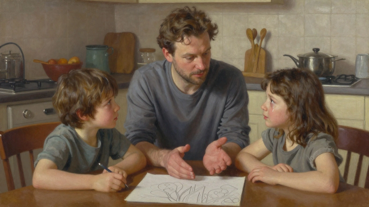 Родитель и ребёнок сидят за столом, родитель спокойно слушает, ребёнок смотрит с надеждой.