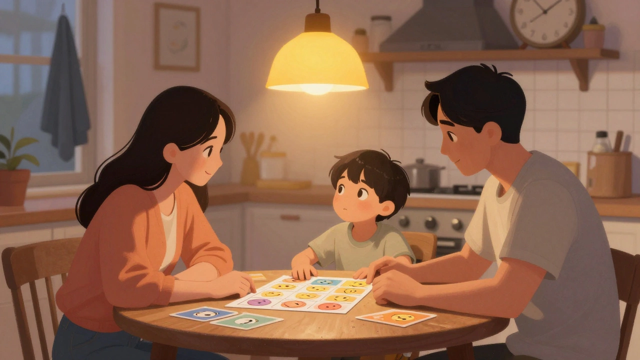 Семья за столом разбирает эмоции с помощью цветных карточек.